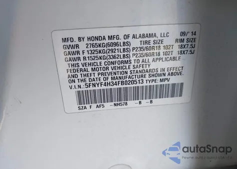 2015 Honda Pilot Se из США, поврежденный, VIN 5FNYF4H34FB020513